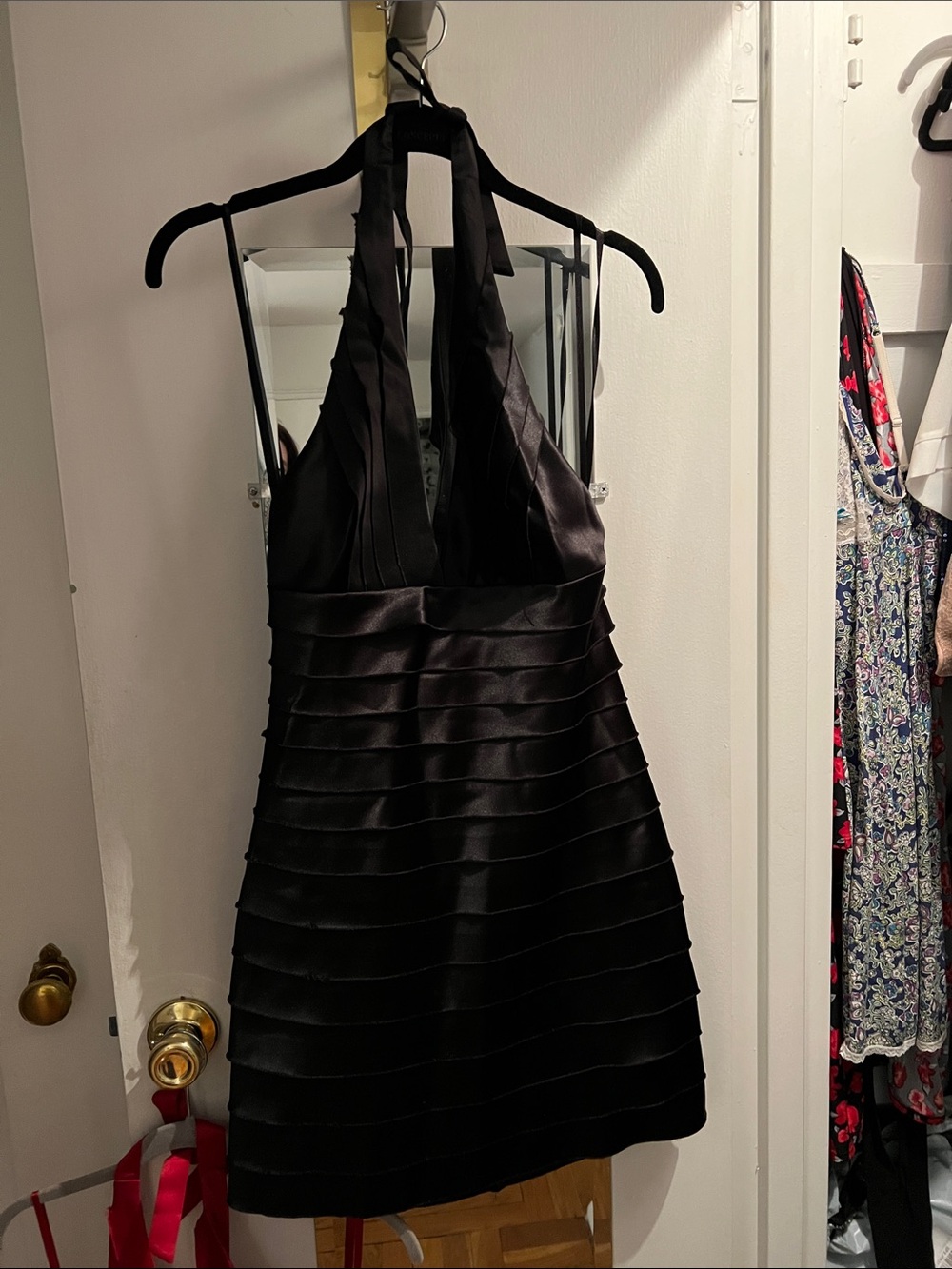 BCBGMaxAzria Black Halter Tiered Satin Mini Dress